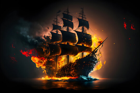 A fierce battle between a pirate frigate with black sails and a Demon Slayer ship, illuminated by cannon shots and smoke, as the stormy night sky turns red and one of the ships sinks into the depths