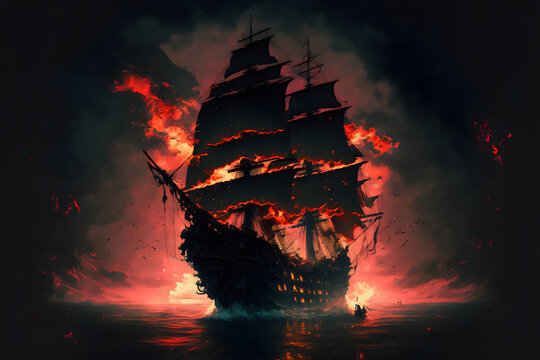 A fierce battle between a pirate frigate with black sails and a Demon Slayer ship, illuminated by cannon shots and smoke, as the stormy night sky turns red and one of the ships sinks into the depths