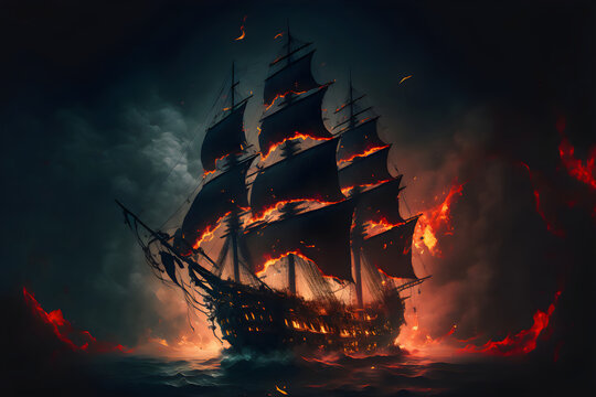 A fierce battle between a pirate frigate with black sails and a Demon Slayer ship, illuminated by cannon shots and smoke, as the stormy night sky turns red and one of the ships sinks into the depths
