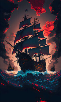 A fierce battle between a pirate frigate with black sails and a Demon Slayer ship, illuminated by cannon shots and smoke, as the stormy night sky turns red and one of the ships sinks into the depths