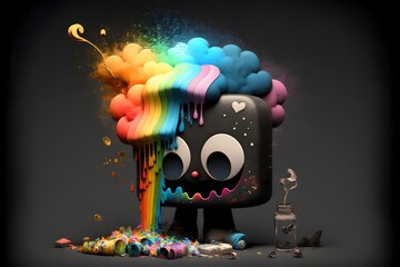 This illustration shows a dark-colored monster playing with bright and colorful paints. The monster seems to be having a great time, with a wide smile on its face.