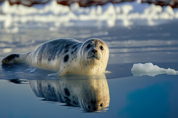 April photo of a young Baikal seal on the lake's ice. The nerpa, also known as the Lake Baikal seal or pusa sibirica, is a kind of earless seal that is unique to Lake Baikal in Siberia, Russia - obrazy, fototapety, plakaty