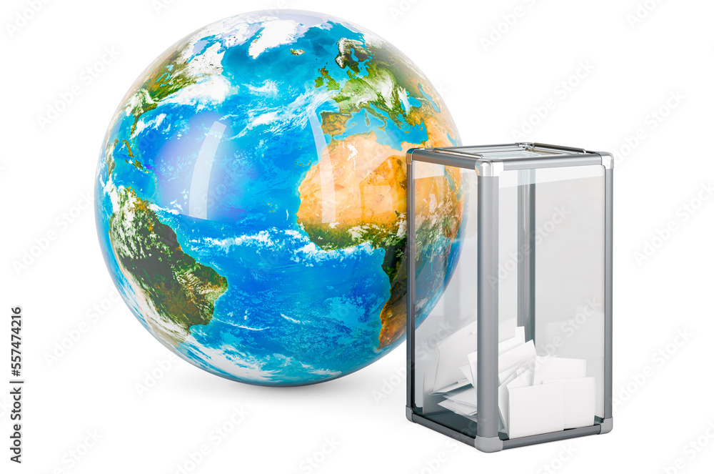 Poster ballot box with earth globe. 3d rendering isolated on white background