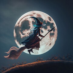 befana strega che vola sulla scopa sullo sfondo la luna piena - obrazy, fototapety, plakaty