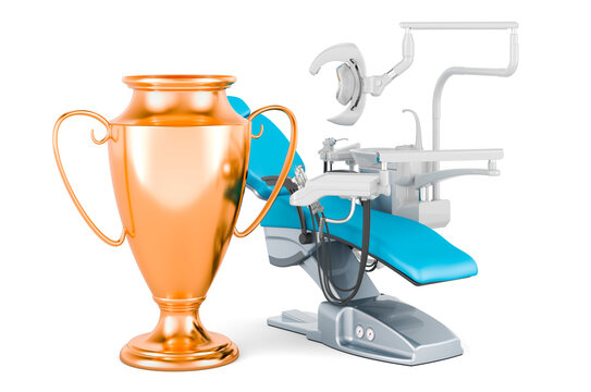 Dental chair with gold trophy cup award, 3D rendering