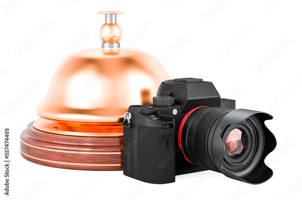 Poster digital camera with reception bell, 3d rendering
