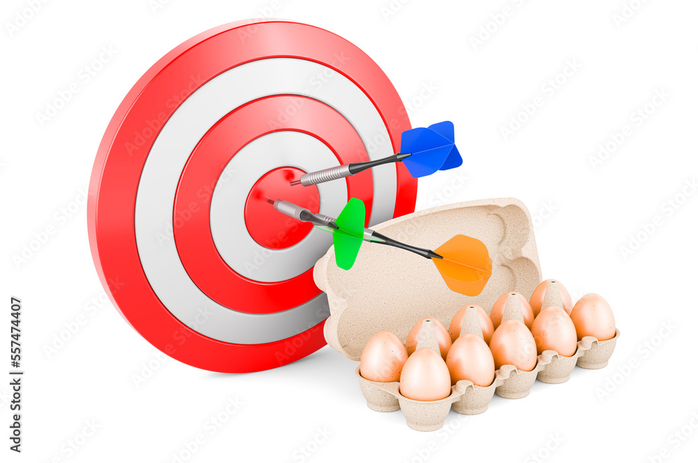 Poster eggs in an egg carton and target with arrows. 3d rendering