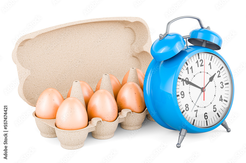 Poster eggs in an egg carton with alarm clock. 3d rendering