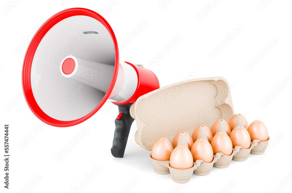 Poster eggs in an egg carton with megaphone. 3d rendering