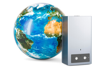 Home gas boiler with Earth Globe, 3D rendering