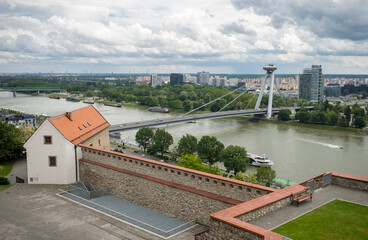 Bratislava cityscape view on the Danube river on cloudy day in Slovakia