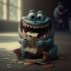 Happy monster eating money, created with Generative AI technology