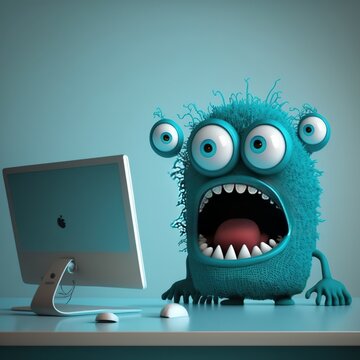 Shocked monster looking at the computer screen, created with Generative AI technology. Fear of technology
