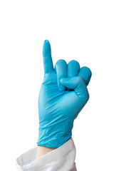 Close up of a doctor's hand wearing a latex glove doing the letter ¨i¨ in sign language