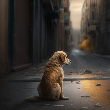 Abandoned dogs on the street. Generative AI.