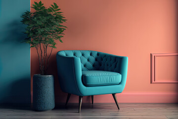 Fototapeta premium Blue armchair with coral wall and wood floor, modern and minimalist home. Generative AI