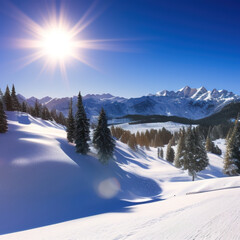 Fototapeta na wymiar sunny sky over snow-covered mountains at dawn with fresh morning ski slope