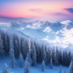 Obraz premium sunny sky over snow-covered mountains at dawn with fresh morning ski slope