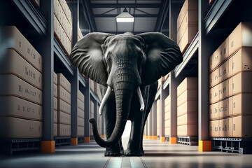 grand éléphant de face à l'intérieur d'un entrepôt moderne rempli de cartons - montage d'illustrations générées par IA