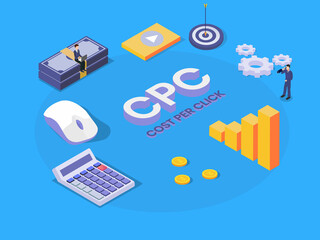Cost per click icon set, isometric design