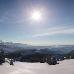 Fototapeta premium sunny sky over snow-covered mountains at dawn with fresh morning ski slope