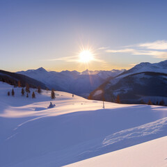 sunny sky over snow-covered mountains at dawn with fresh morning ski slope
