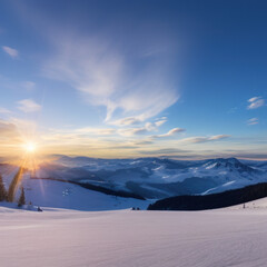 sunny sky over snow-covered mountains at dawn with fresh morning ski slope