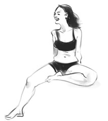 Outline sketch of the figure of a young woman from nature. Freehand drawing with pencil