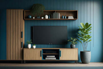 Japanese minimalist contemporary shelf cabinet blue room xa. Generative AI