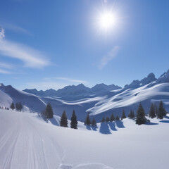 sunny sky over snow-covered mountains at dawn with fresh morning ski slope