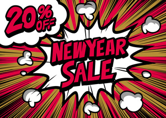 20%off New Year Sale retro typography pop art background, an explosion in comic book style.