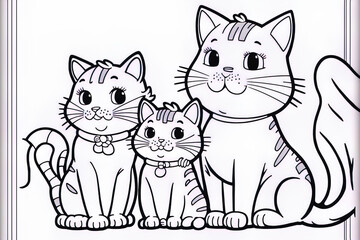 Family of cute cats coloring sheet. Generative AI