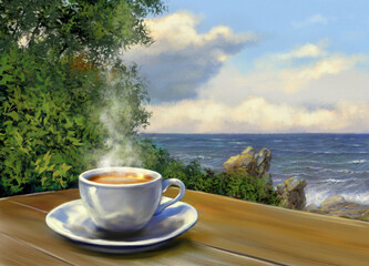 cup of coffee on the beach