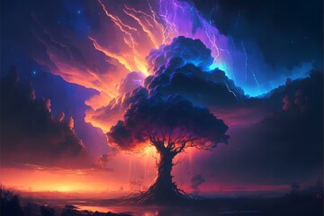 ?A tree with lightning in the sky - Generative AI