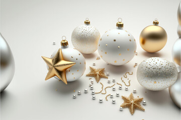 Christmas white background with christmas balls and decoration by Generative AI