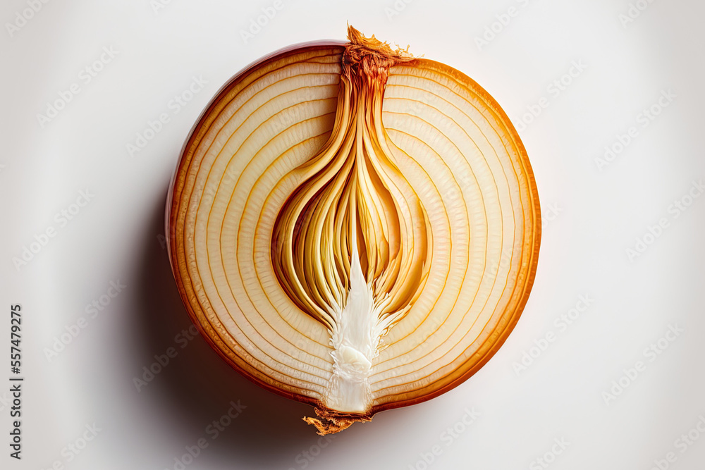 Poster slice of a fresh onion on a white backdrop. looking up. lay flat. generative ai