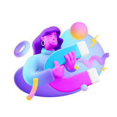 3d illustration. Cartoon girl 3d character with big magnet.