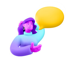 3d illustration. Cartoon girl 3d character with bubble talk. Conversation concept. 