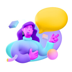 3d illustration. Cartoon girl 3d character with bubble talk. Conversation concept. 