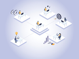 Business leader isometric vector concepts. Business leader working with laptop and connecting to his worker