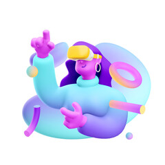3d illustration. Cartoon girl 3d character with vr glasses. Virtual reality concept.