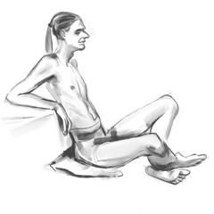 Outline sketch of the figure of a young man from nature. Freehand drawing with pencil