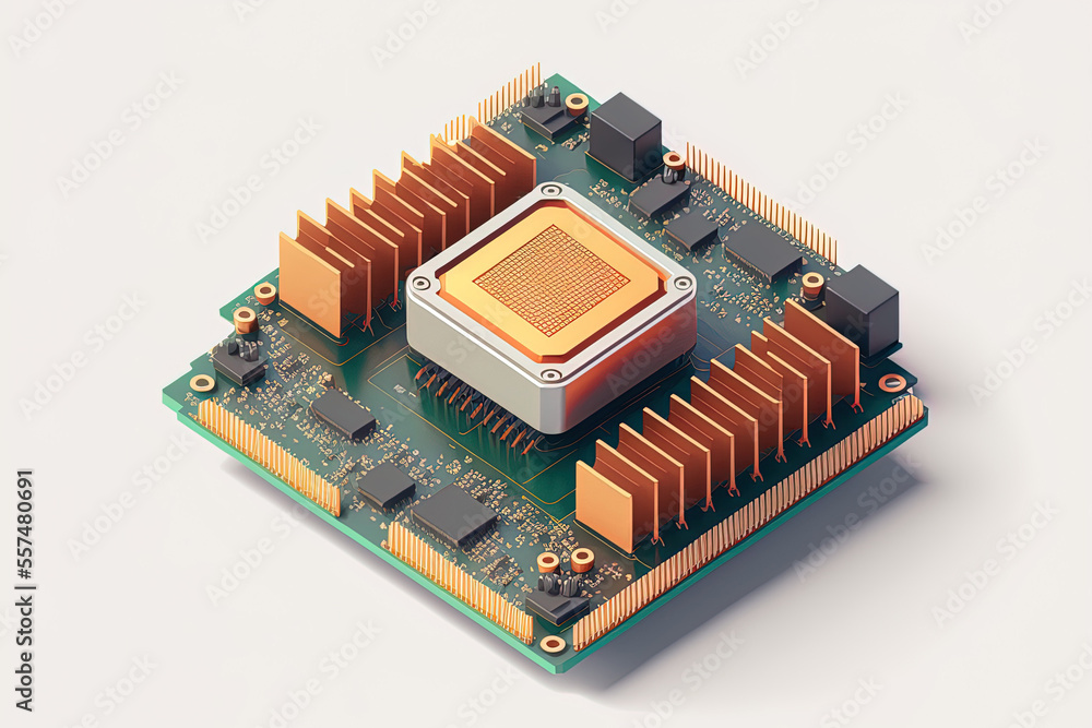 Aufkleber isometric processor microchip of an electronic motherboard on a white background. generative ai