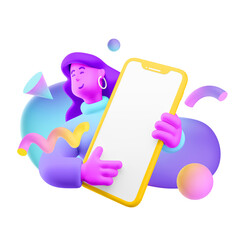 3d illustration. Cartoon girl 3d character with big phone. Social media concept.