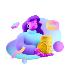 3d illustration. Cartoon girl 3d character with coins. Financial concept.
