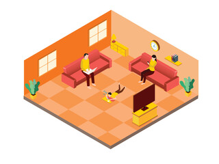Fototapeta premium Isometric view of family enjoying leisure time in the living room