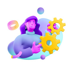 3d illustration. Cartoon girl 3d character with gear icon. Concept of technical works, repair and maintenance. 
