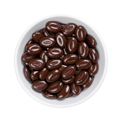 Dark chocolate mocha beans, in a white bowl. Candies made of a mixture of coffee bean flavor with indulgent dark chocolate, in the shape of coffee beans. Used as a decoration or as a little snack.