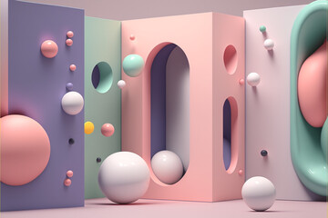 unbearable creativity of the empty room with many balls and figures of pastel colors 3d render