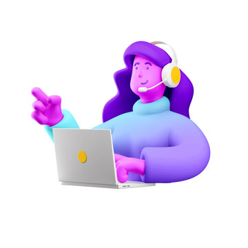 3d illustration. Cartoon girl 3d character with laptop and headphones. Online support concept.